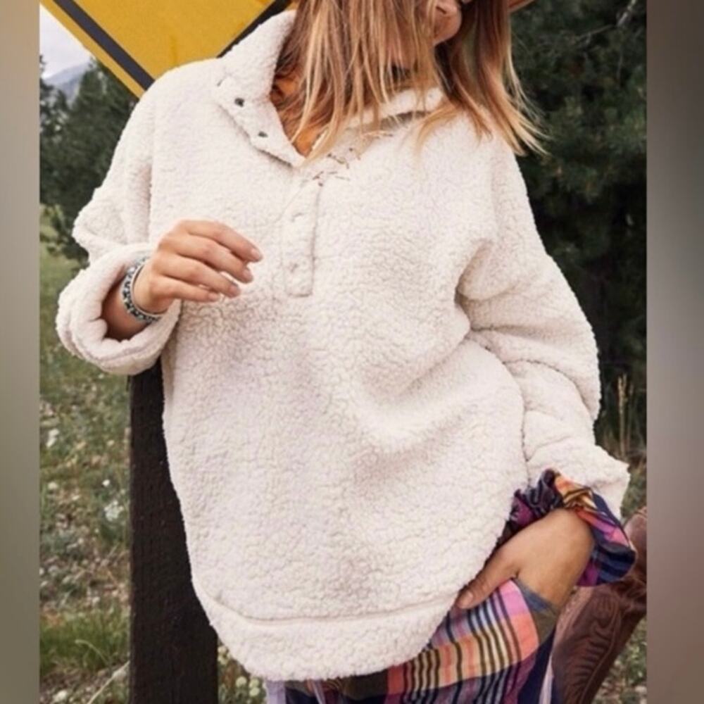 Aerie snap Sherpa pullover oversized sweater cream women’s size XL x large - Picture 2 of 11